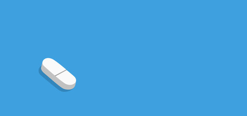 This features single, white, oblong pill with a bisecting line in the center, placed on a blue background.
