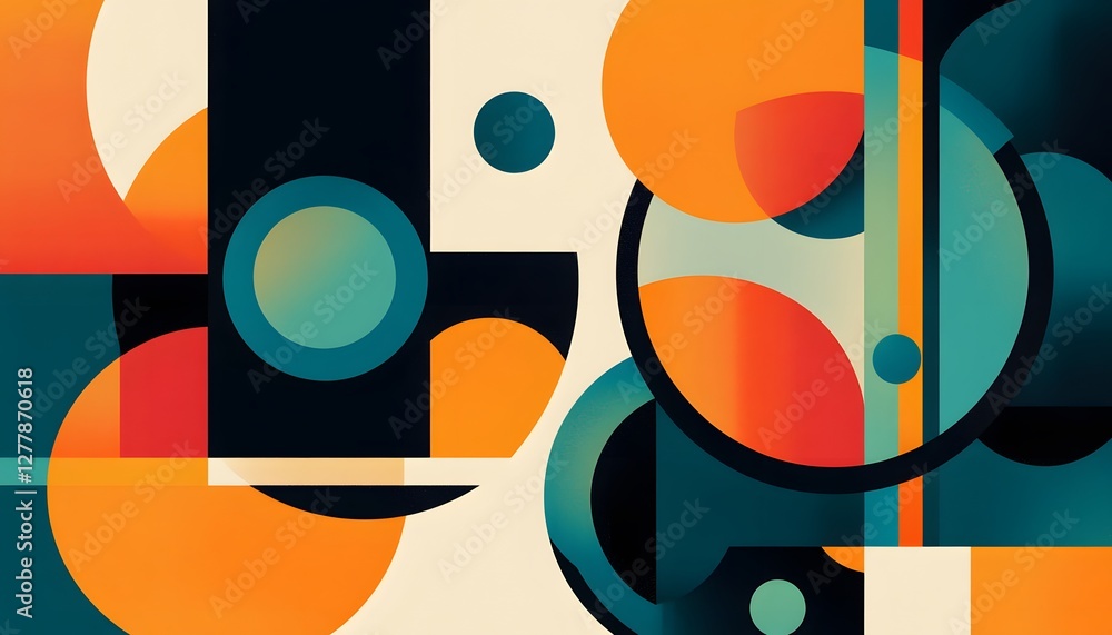 Poster abstract geometric composition with circles rectangles and varied color palettes
