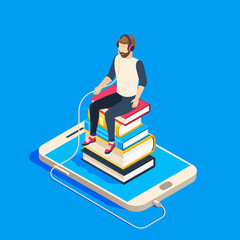 Online education isometric concept with student wearing headphones listening to audiobook sitting on pile of books connected to smartphone with cable on blue background