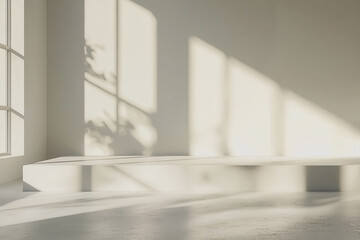 Fototapeta premium Bright white room featuring a large window and clean white floor with natural light streaming in