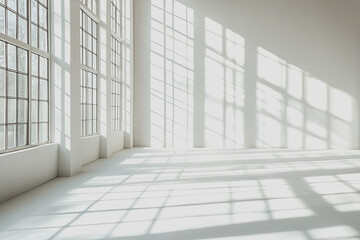 Obraz premium Spacious room with large windows and white flooring creating a bright and open atmosphere
