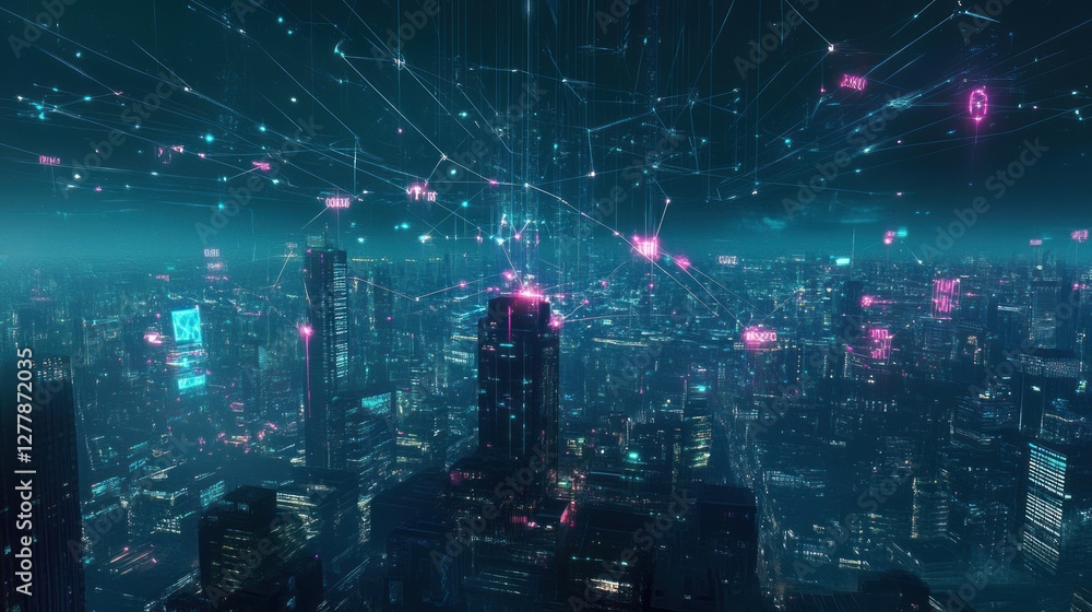 Poster futuristic cityscape with glowing networks and data projections above