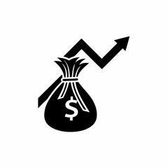 Business Growth Icon or black silhouette, Money Bag with Rising Arrow Symbol for Financial Success