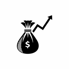Business Growth Icon or black silhouette, Money Bag with Rising Arrow Symbol for Financial Success