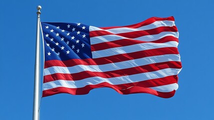 Obraz premium The American flag waving proudly, vibrant red, white, and blue against a clear blue sky. Symbolizing freedom, hope, and unity. Perfect for patriotic projects.