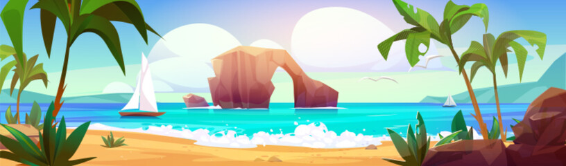 Tropical lagoon panorama with rocky arch, white sailboats and blue sea. Sandy harbor surrounded by palm trees, ocean waves, coastal cliffs on bright sky. Paradise beach landscape for summer vacation. © klyaksun