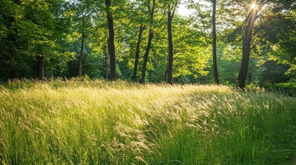 Fototapeta premium Tall grass illuminated by sunlight in a forest meadow
