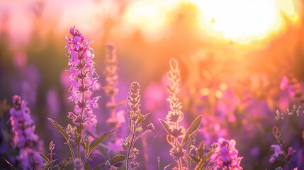 Naklejka premium Enchanting close-up of radiant purple blooms in a lush field bathed in a warm sunset glow
