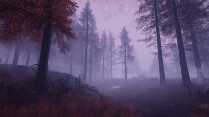 Obraz premium Atmospheric forest scene featuring tall trees shrouded in heavy fog