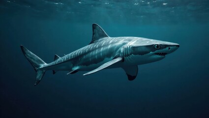 Fototapeta premium A majestic pelagic predator gracefully swims in the deep ocean's tranquil blue depths