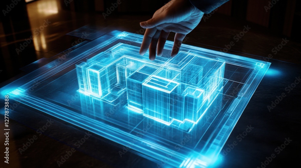 Poster digital blueprint architecture model hologram being interacted with by hand