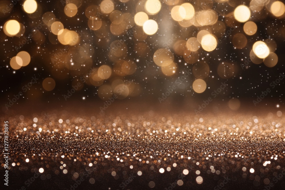 Poster golden bokeh lights sparkling abstract background with glitter particles
