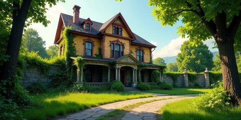 Fototapeta premium A Picturesque Victorian House Adorned with Lush Greenery, Nestled Serene in a Private Garden Setting with a Stone Walkway Leading to its Entrance