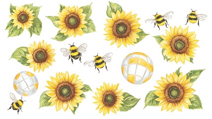 Watercolor Sunflowers, Bees, and Geometric Balls Seamless Pattern.