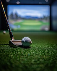 Focused golf ball near putter on artificial green grass with simulated golf course background indoors