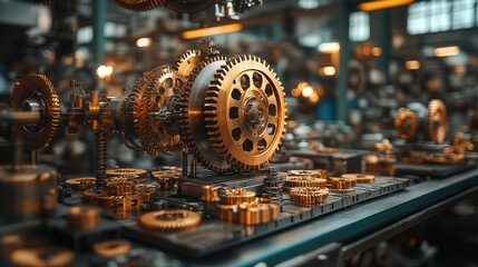 Fototapeta premium Industrial gears mechanism displayed in manufacturing workshop with detailed brass components. Engineering machinery parts showing mechanical precision for industrial automation concepts