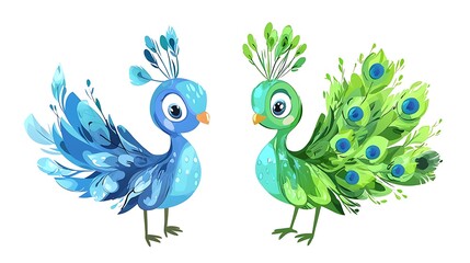 Obraz premium Two Adorable Cartoon Peacocks Blue and Green Birds.