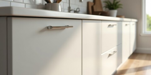 Close-up view of sleek, minimalist kitchen cabinetry with subtle, modern hardware, bathed in soft sunlight illuminating the creamy white finish