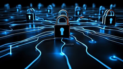 Digital network security concept with locks and glowing circuits