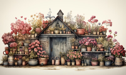 Fototapeta premium Vibrant flower pots surround a rustic garden shed. Generative AI
