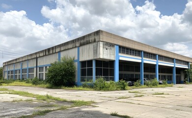 Obraz premium Exterior view of a large abandoned industrial building with surrounding plants