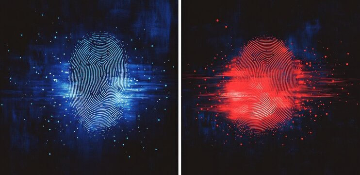Dual illustrated fingerprints with vibrant blue and red digital effects