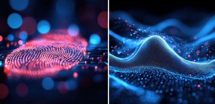 Digital fingerprint alongside biometric waveform visualization in futuristic design