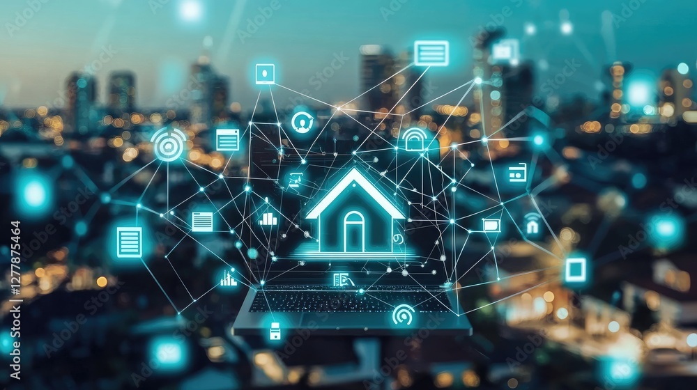 Poster digital home network concept with smart devices and urban background