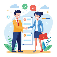 People shaking hands at work - Two businesspeople, man and woman doing handshake in office at work while smiling over business agreement and deal. Flat design stock illustration on white background