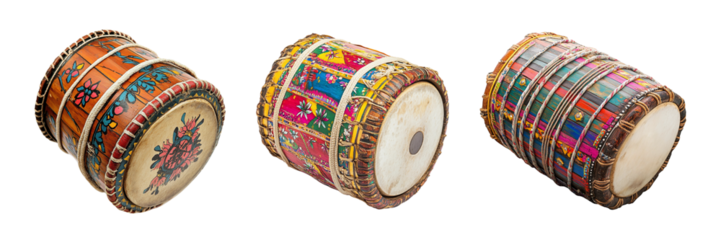 Set of vibrant dhol drums from folk music with traditional rope tuning isolated on a white or transparent background.