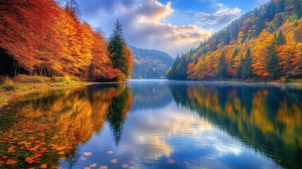 Obraz premium autumn lake reflection landscape