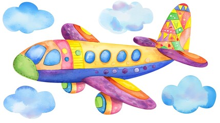 Watercolor illustration of a colorful airplane flying among clouds.