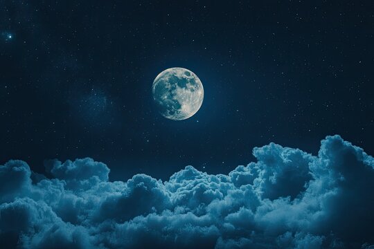 Full moon over cloudscape, night sky, stars, galaxy, dreamy, celestial, fantasy, atmospheric, background