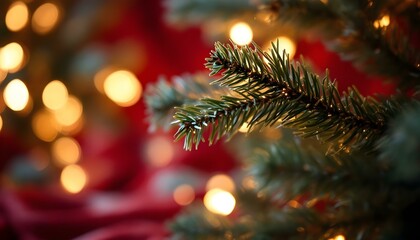 Ramas de &aacute;rboles de Navidad y luces bokeh sobre un fondo de tela roja