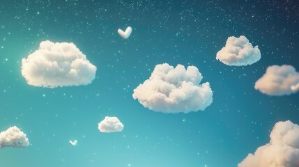 Serene Sky with Fluffy Clouds and Heart Shapes on Blue Background