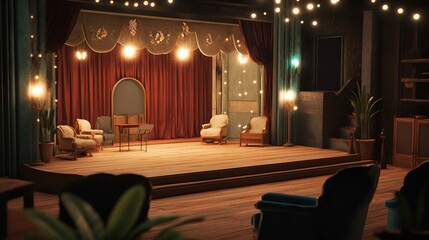 "Cozy theatre performance setup with detailed stage decor and soft lighting