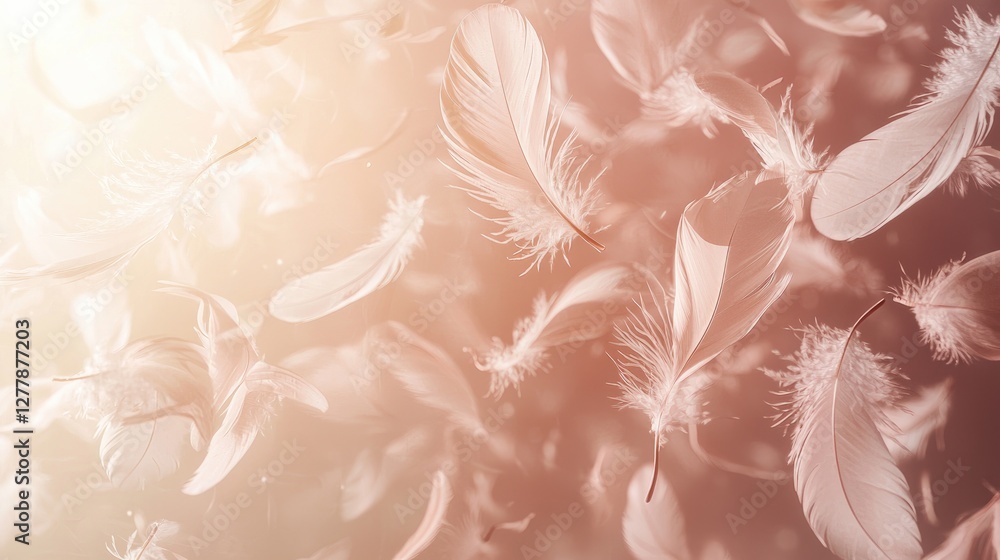 Poster soft and delicate white feathers floating on a gentle background