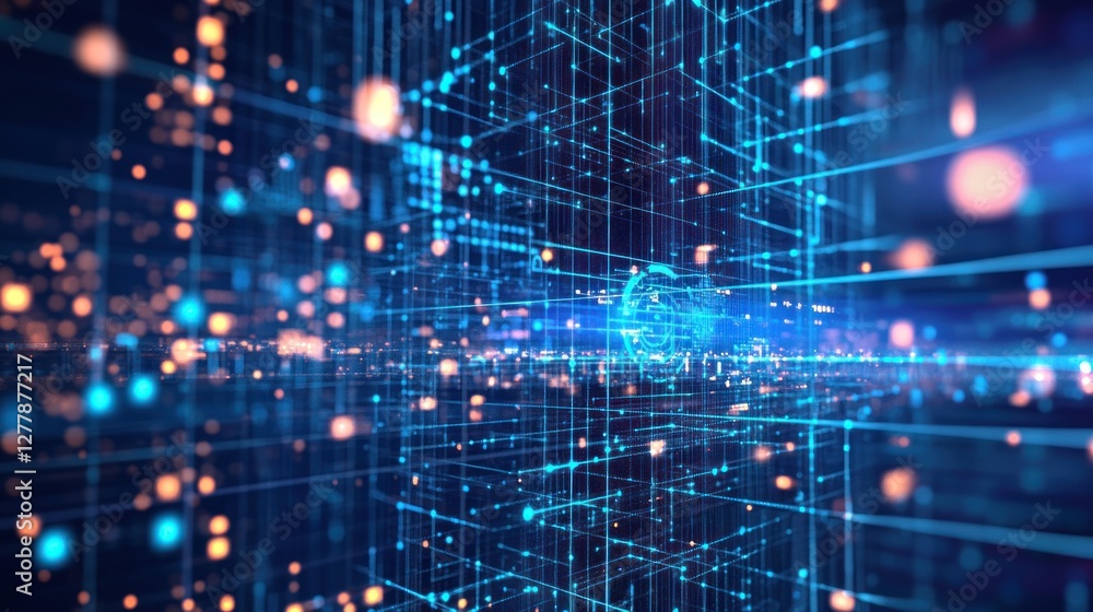 Poster abstract blue and orange data network with interconnected nodes