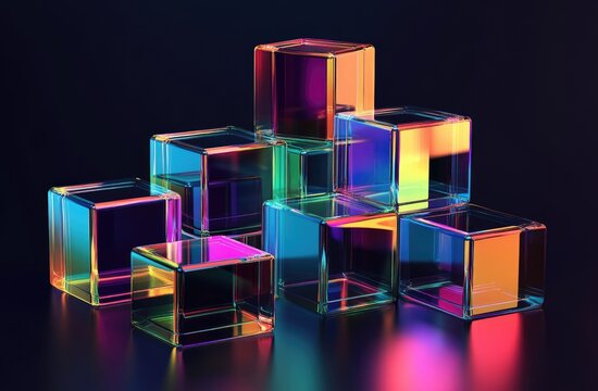 Fototapeta Colorful glass cubes stacked dark background, modern design