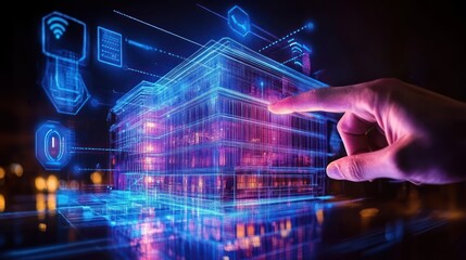 Hand interacts with a holographic depiction of a smart building