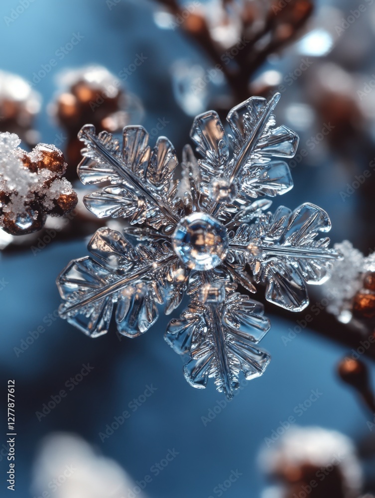 Poster macro shot of a delicate snowflake on a branch against a soft blue background capturing winter's bea