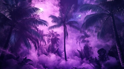 Obraz premium Purple hued palm trees and foliage create a tropical scenery