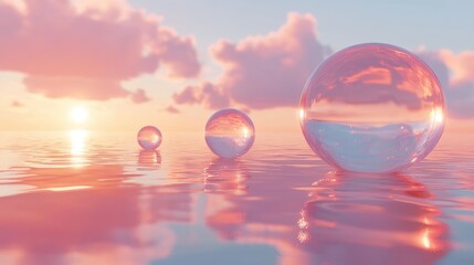 Soft Pastel Ocean Scene with Transparent Spheres at Sunset Sky