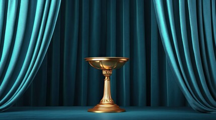 Golden pedestal bowl on a teal curtained stage