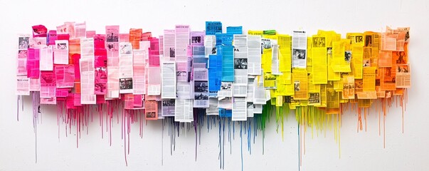 Mixed media street art on a weathered brick wall, incorporating spray paint, pasted newspaper clippings, and stencil work, depicting a powerful social commentary through vivid colors and urban