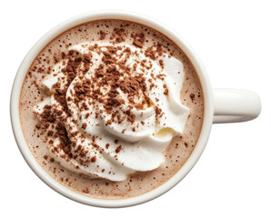 PNG An isolated white cup mug of coffee with whipping cream and cocoa powder drink chocolate beverage.