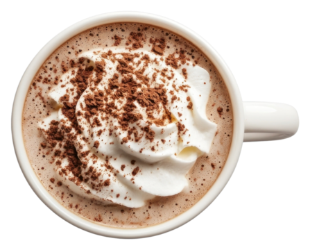 PNG An isolated white cup mug of coffee with whipping cream and cocoa powder drink chocolate beverage.