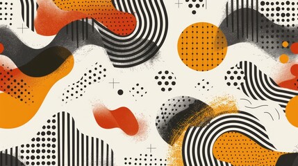 Abstract design with orange, black, and white shapes and dots on a beige background