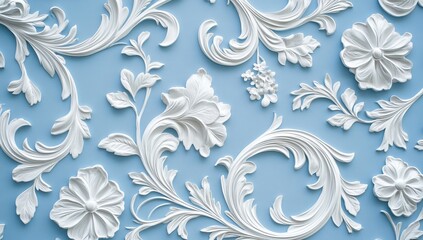 White floral wall decor, ornate, blue background, interior design, texture