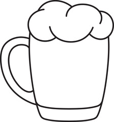 illustration, full mug of frothy beer, black and white vector linear icon isolated on a white transparent background